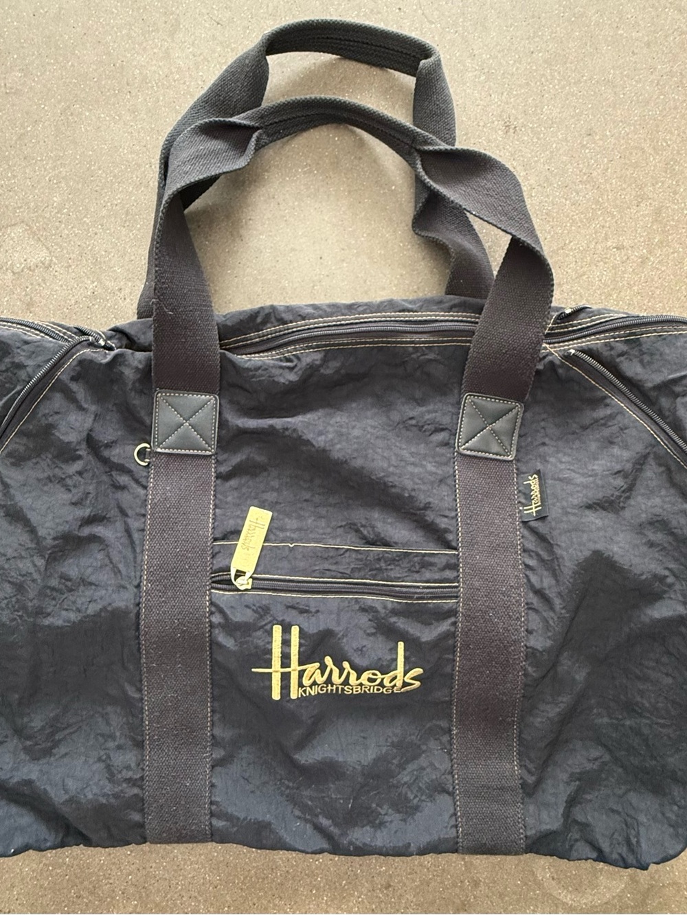 Harrods Navy Duffel Bag with Gold Logo
